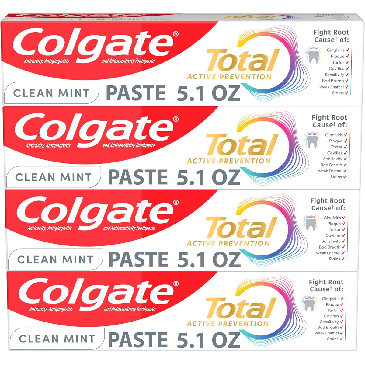 Colgate_4Pack_Main_square_1200 Colgate Total Active Prevention Clean Mint Toothpaste 4 Pack - Image 1
